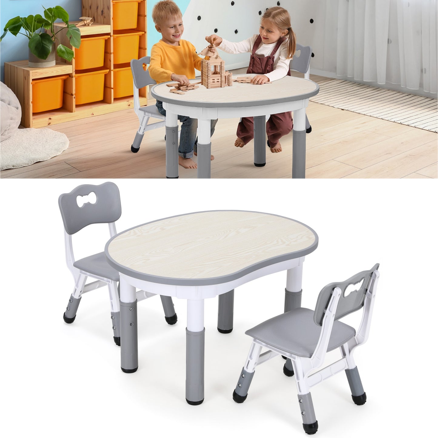 LAZY BUDDY Kids Table and 2 Chairs Set, Height Adjustable Plastic Children Arts & Crafts Desk for Ages 3-8, Cute Peanut Shape Graffiti Desktop