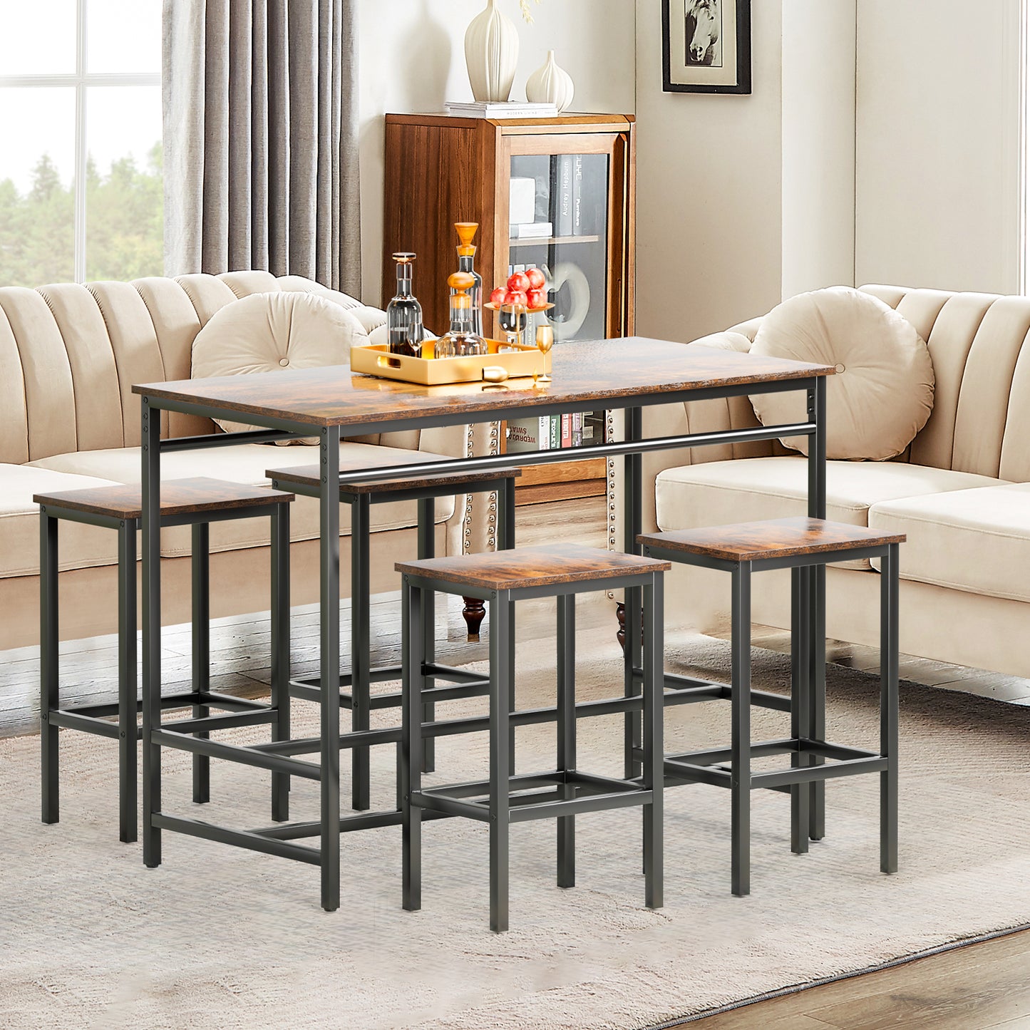 LAZY BUDDY 5-Piece Bar Table Set, Compact Counter Height Kitchen Dining Table with 4 Stools for Apartment, Small Spaces