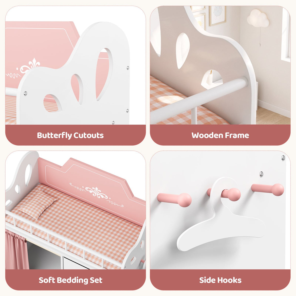 LAZY BUDDY Baby Doll Cirb, Wooden Doll Bed with 2 Storage Drawers, 2 Hangers, Pillow & Sheet