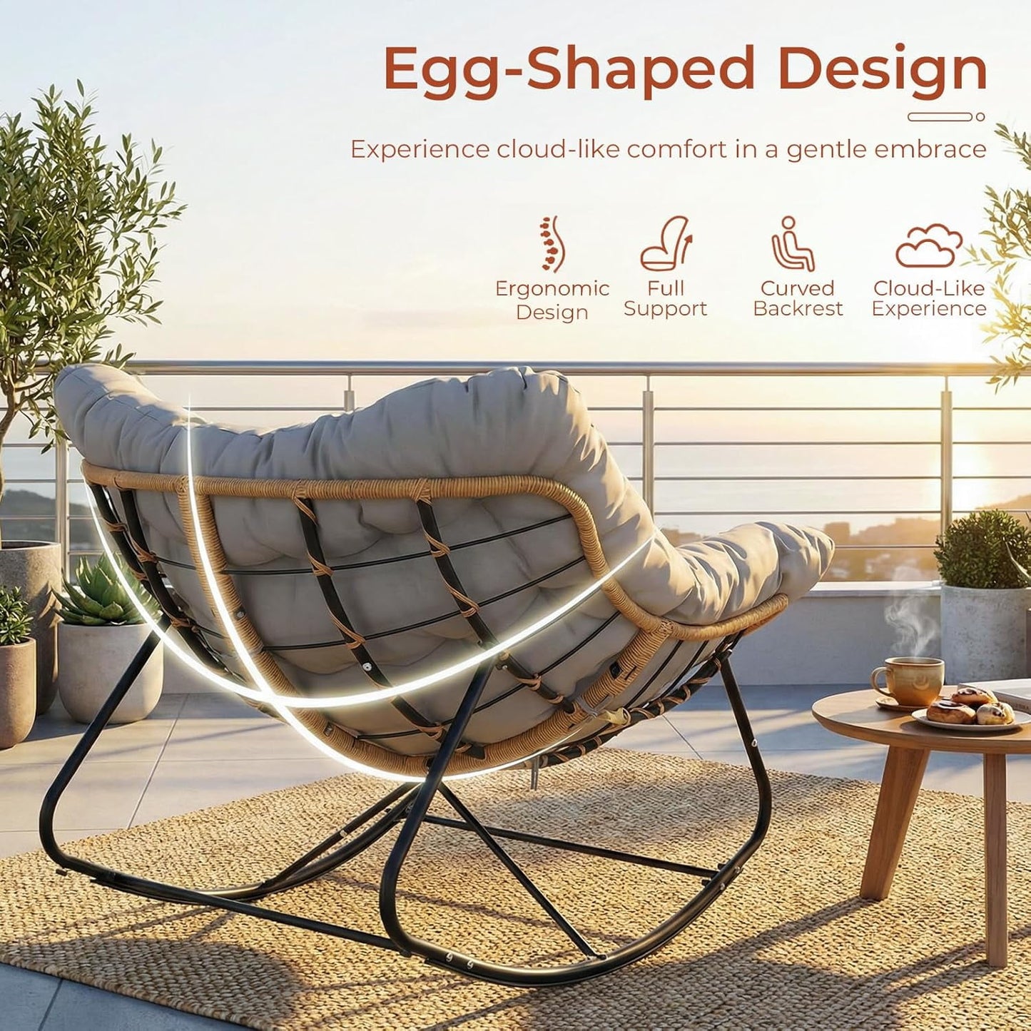LAZY BUDDY Outdoor Papasan Rocking Chair, Oversized Lounge Chair Rocker with Thick Cushion, for Patio, Balcony, Porch and Indoor