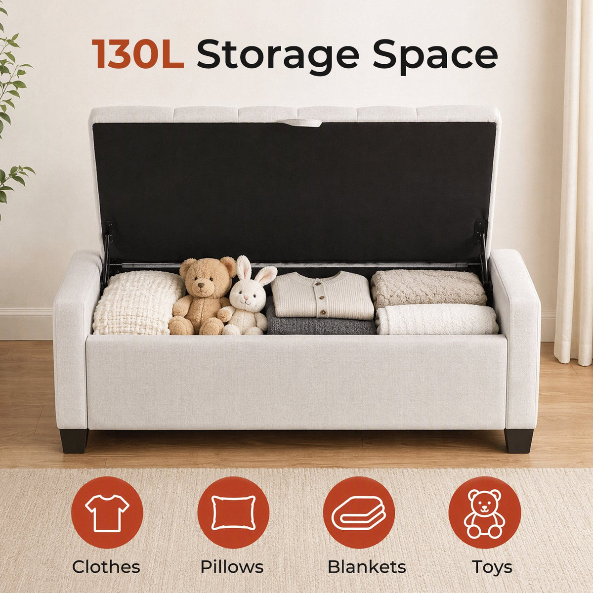LAZY BUDDY 48'' Ottoman with Storage, Upholstered Storage Ottoman Bench with Safety Hinge, for Bedroom, Living Room, Entryway