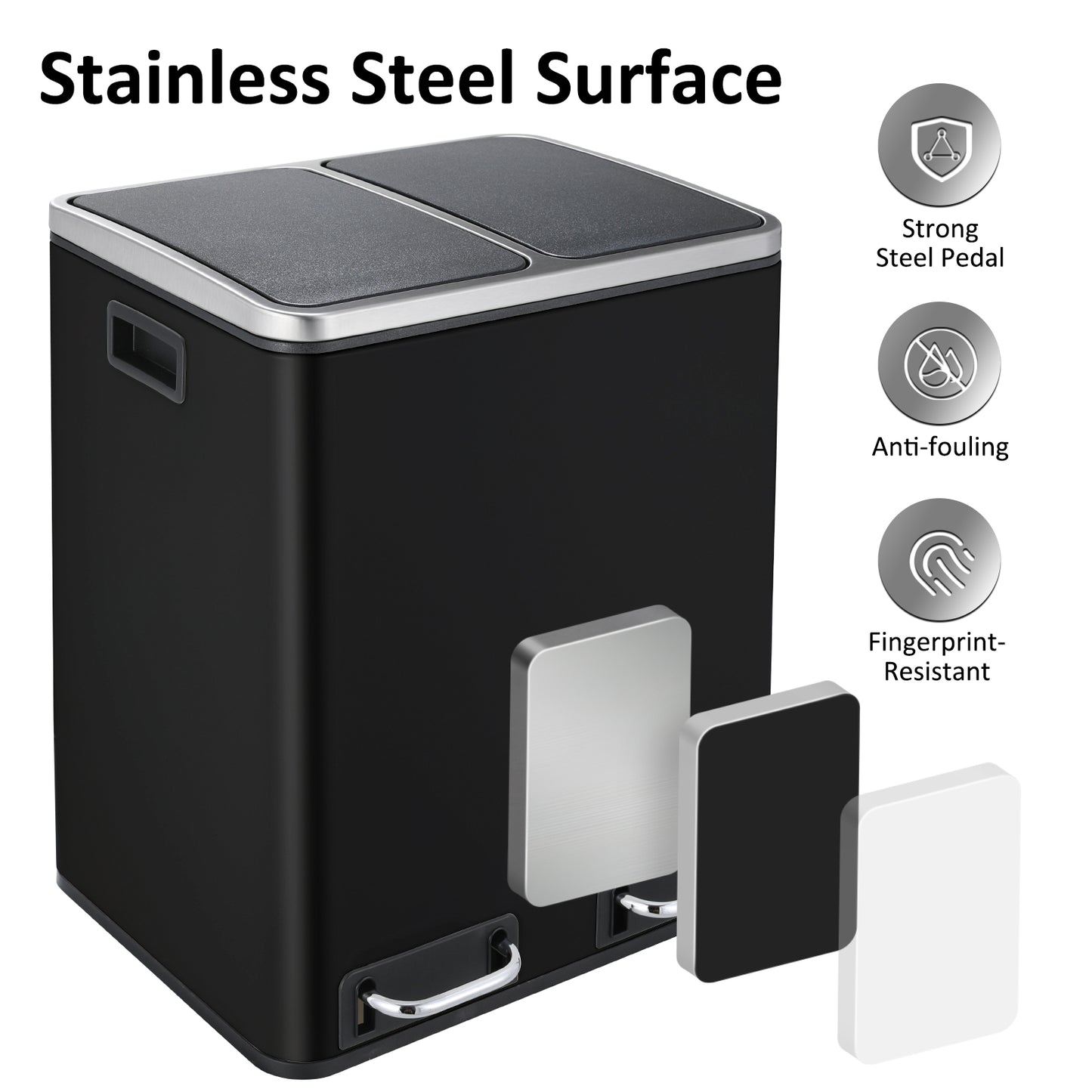 LAZY BUDDY Dual Step Trash Can Stainless Steel Kitchen Recycle Bin with Lid Black Pedal Bin for Kitchen, Living Room, Office