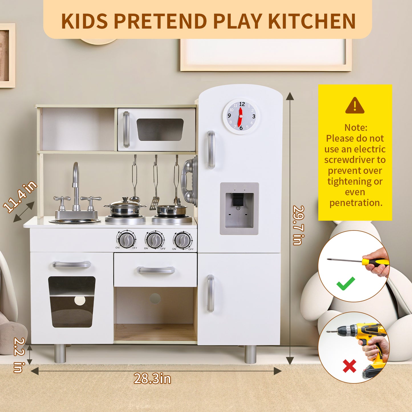 LAZY BUDDY Preschool Play Kitchen Sets, Toddler Wooden Pretend Cooking Set with Telephone, Stove, Microwave, Water Dispenser, Shelf, Cabinets & 5 Cookware Accessories