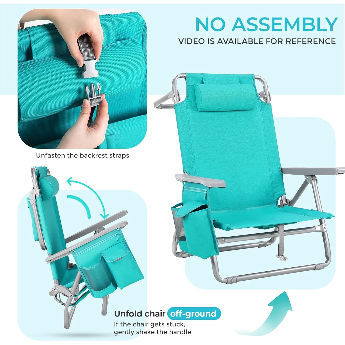 LAZY BUDDY  Low Beach Chair, Backpack Beach Chair for Adults with 5-Position, Lightweight Folding Beach Camping Chairs with Cup Holder, Storage Bag