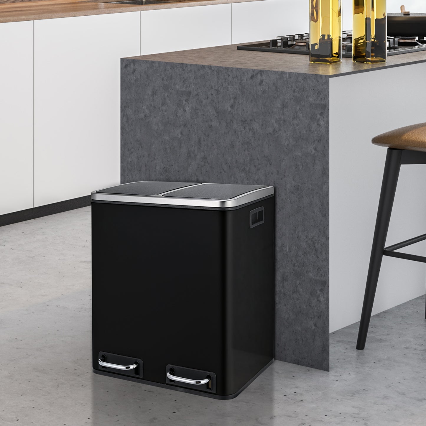 LAZY BUDDY Dual Step Trash Can Stainless Steel Kitchen Recycle Bin with Lid Black Pedal Bin for Kitchen, Living Room, Office