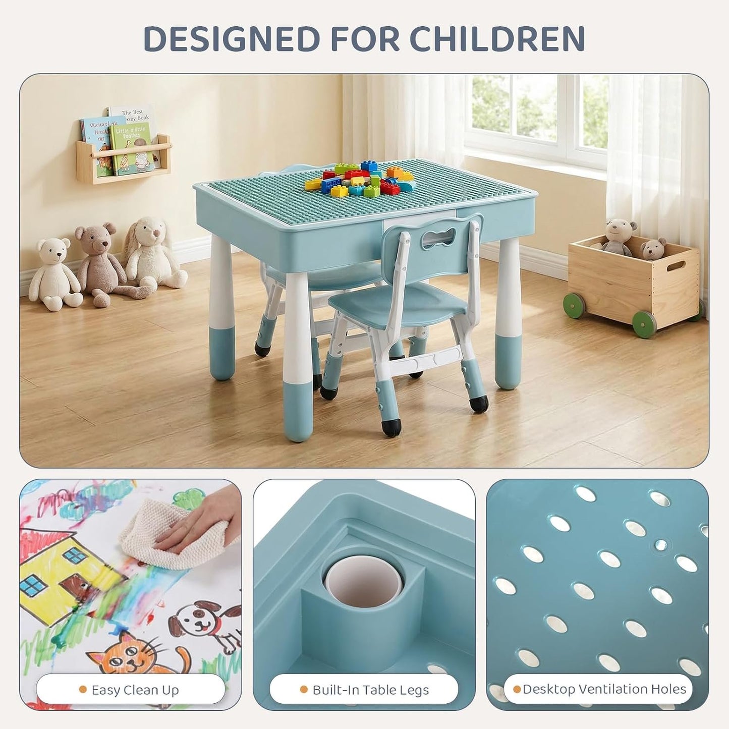 LAZY BUDDY Kids Table and Chairs Set with Storage, Height Adjustable Toddler Activity Table and 2 Chairs Set with 2 in 1 Graffiti/Block Building Desktop, for Playroom, Preschool, Classroom
