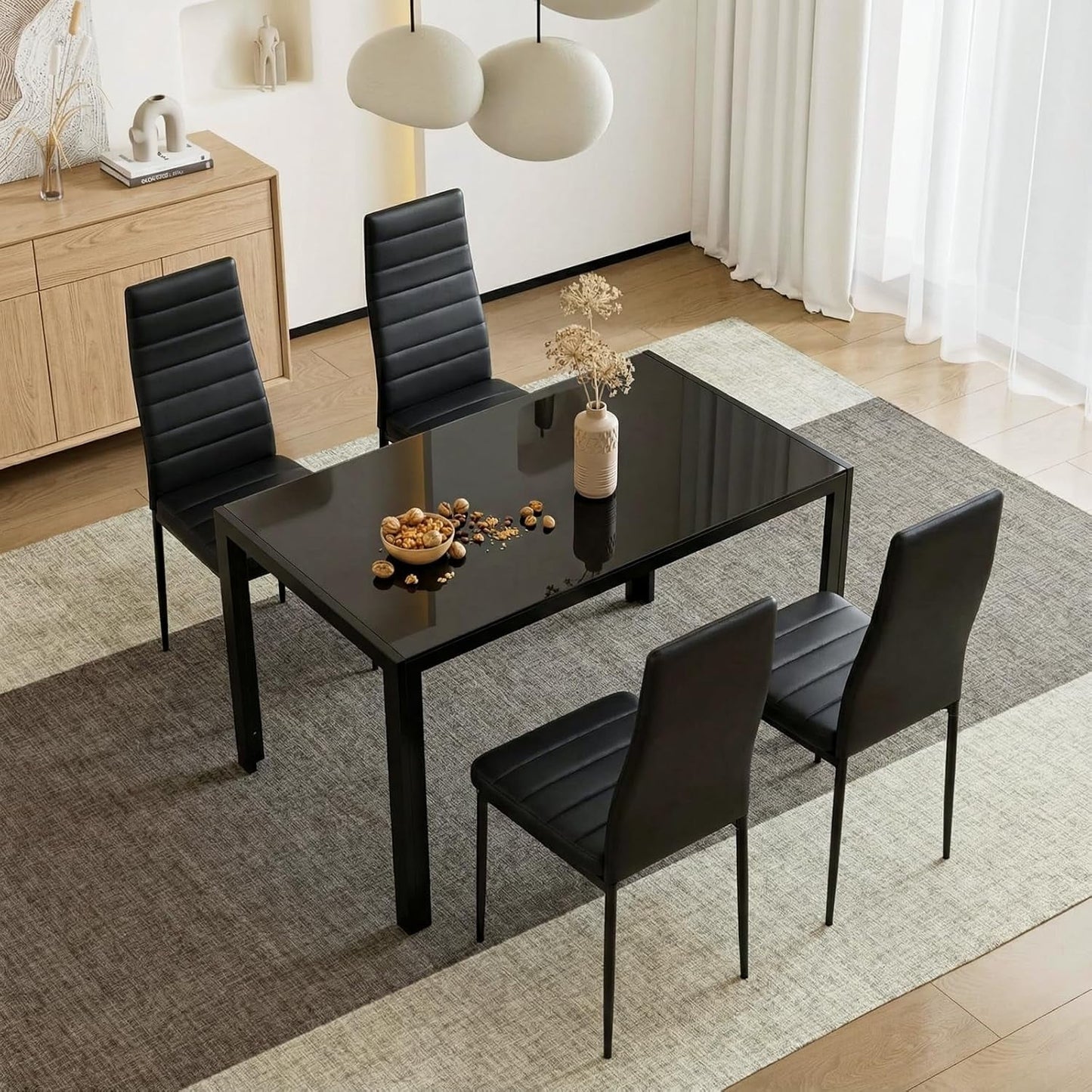 LAZY BUDDY 5-Piece Kitchen Dining Table Set, Modern Table and 4 Faux Leather Chairs with Tempered Glass Tabletop for Dining Room