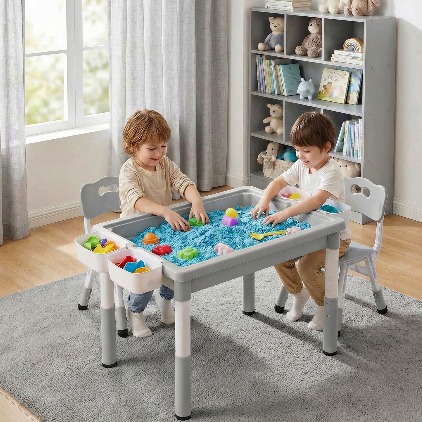 LAZY BUDDY Kids Table and Chairs Set with Storage Boxes, Height Adjustable Toddler Activity Table and 2 Chairs Set with Graffiti & Building Blocks Double-Sided Tabletop