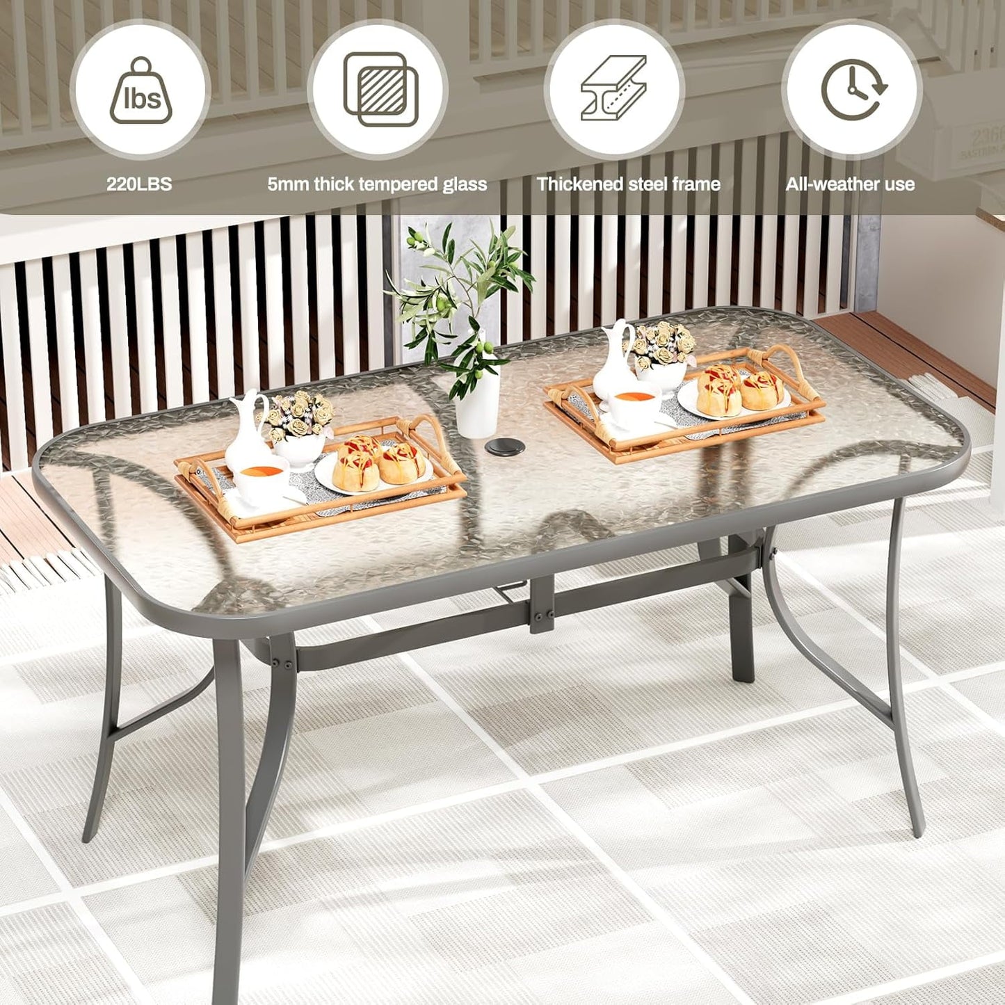 LAZY BUDDY Patio Table with 1.69'' Umbrella Hole, Rectangular Outdoor Dining Table with Tempered Glass Tabletop for 6, for Balcony Garden Deck