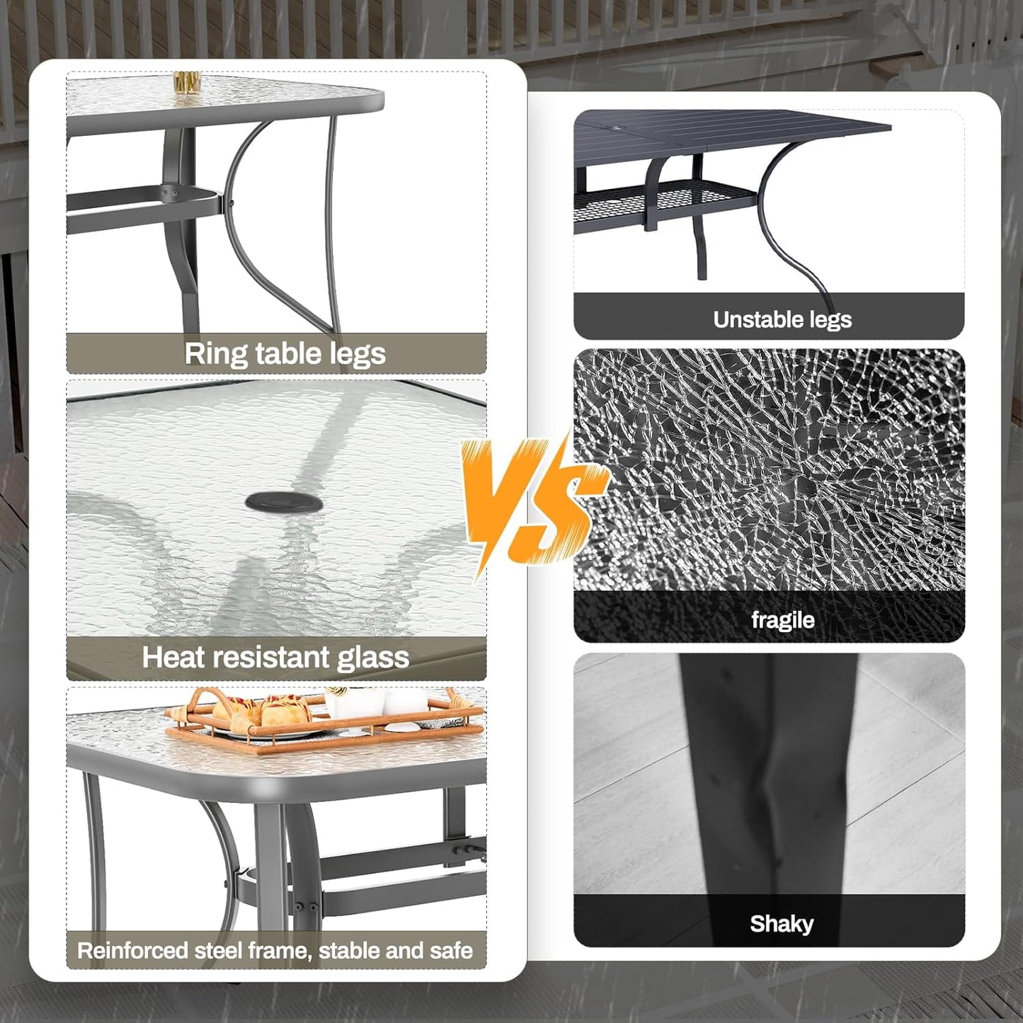 LAZY BUDDY Patio Table with 1.69'' Umbrella Hole, Rectangular Outdoor Dining Table with Tempered Glass Tabletop for 6, for Balcony Garden Deck