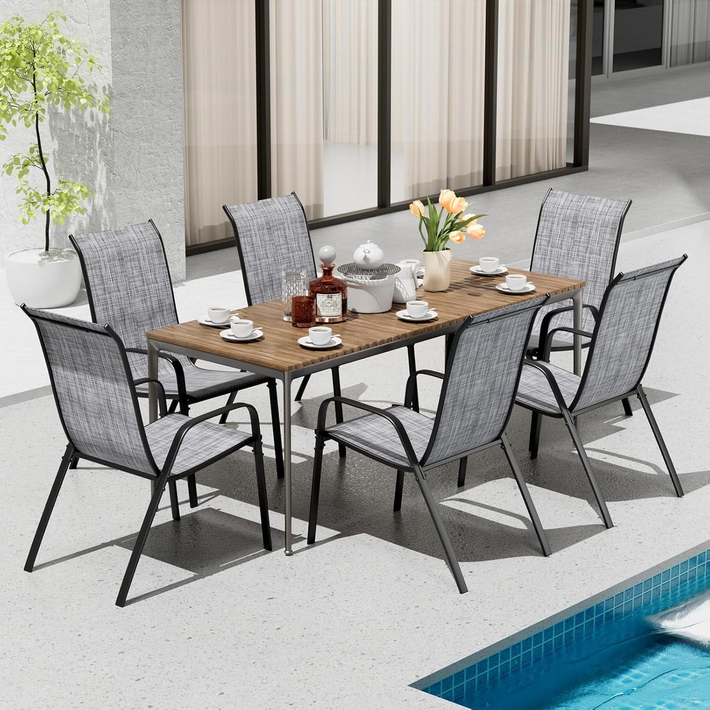 LAZY BUDDY Patio Chairs Set of 6, Stackable Outdoor Dining Chairs for All Weather Textilene Fabric & Metal Frame, Outdoor Chairs Set for Backyard Deck Garden