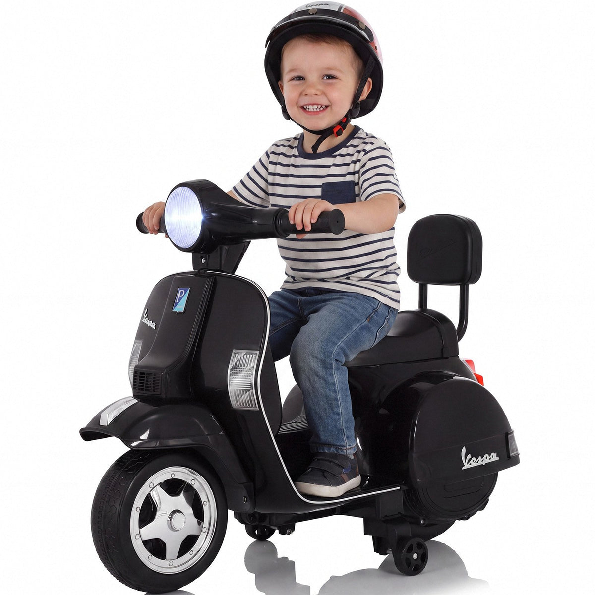LAZY BUDDY Licensed Vespa Ride on Scooter, 6V Electric Motorcycle for Kids with Training Wheels, LED Headlight, Ride on Toy Gift for 3+