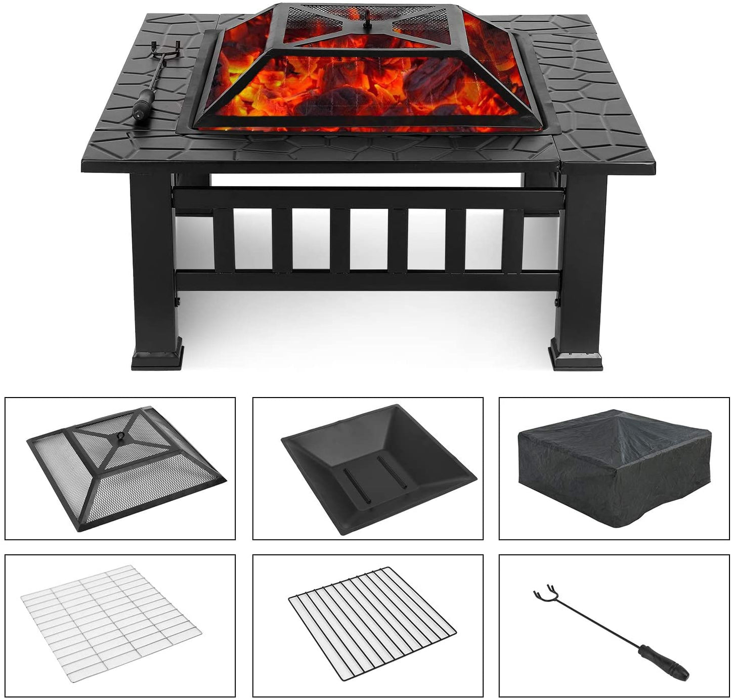 LAZY BUDDY Steel Fire Pits for Outside, 32'' Square Wood Burning Fire Pit Table, Outdoor Patio BBQ Firepit Bonfire Party