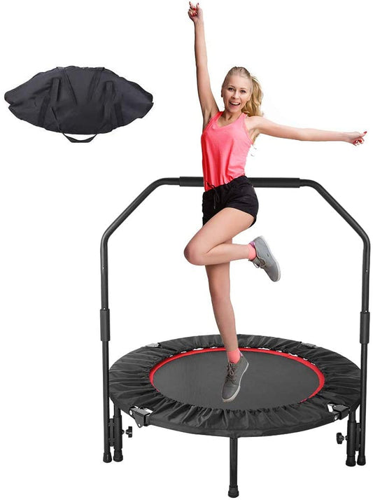 40" Mini Fitness Trampoline, Foldable Exercise Rebounder for Adults Kids, with 3-Level Adjustable Foam Handrail