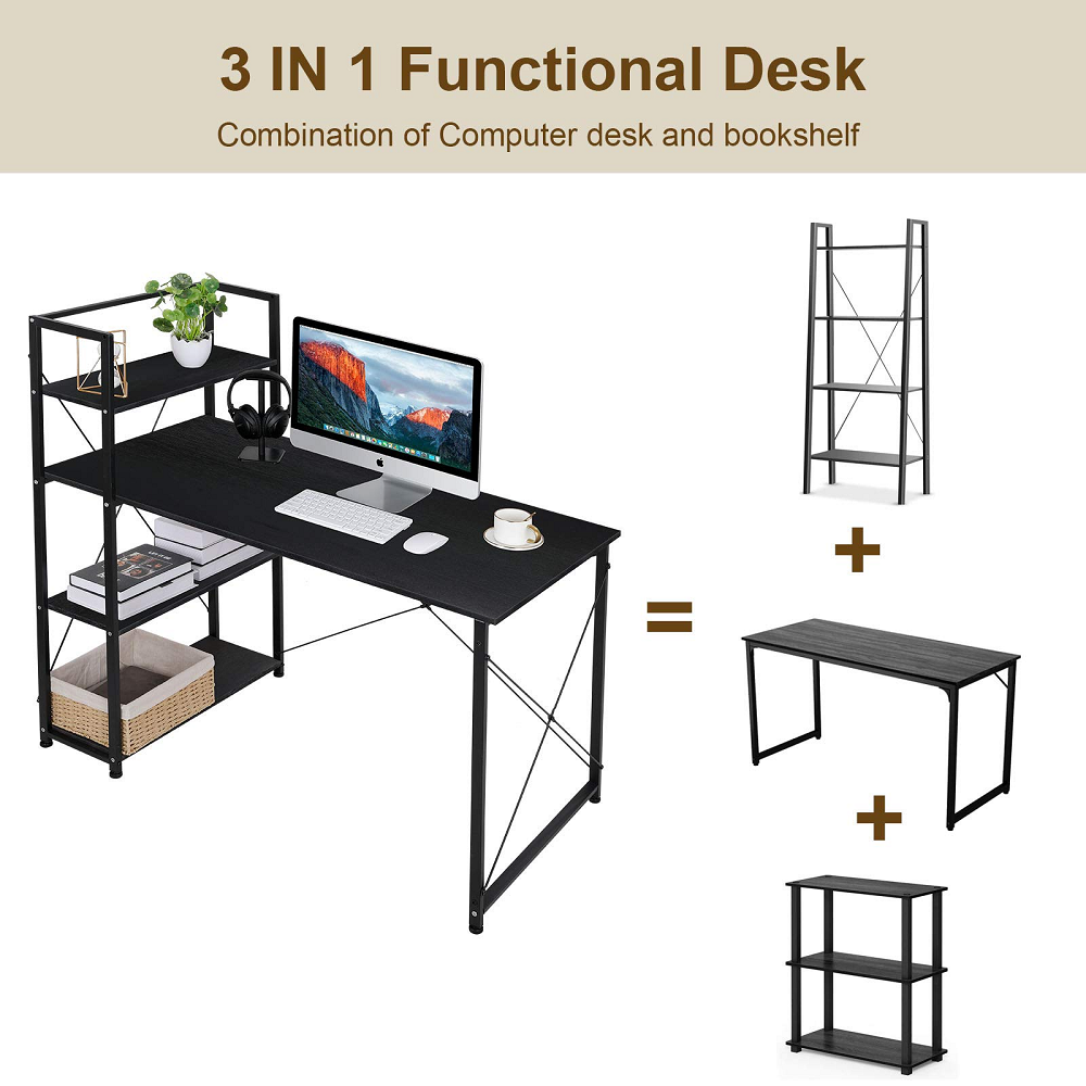 LAZY BUDDY 47'' Computer Desk with 4-Tier Storage Shelves Home Office Desk Studying Writing Table Workstation