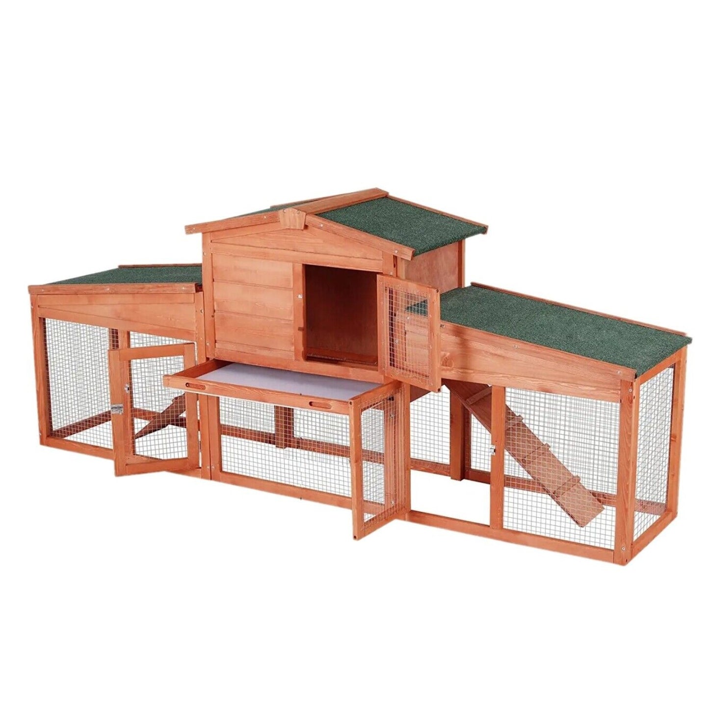 LAZY BUDDY 82.7'' Large Rabbit Hutch, Wooden Rabbit Cage Outdoor Backyard Bunny Cage with Ramps, Waterproof Roof