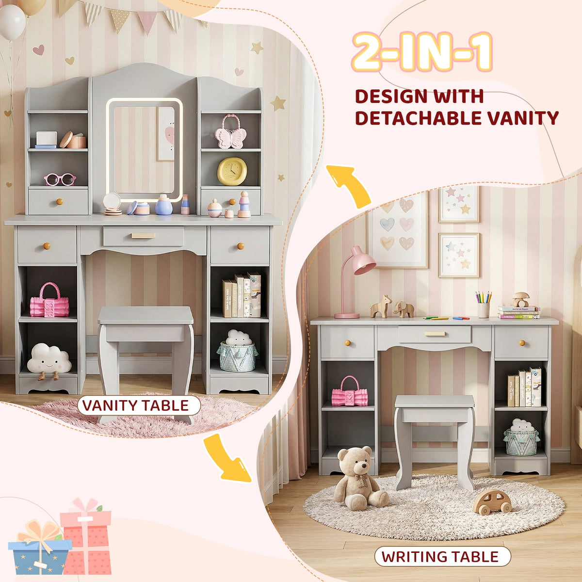 LAZY BUDDY Wooden Kids Vanity Table with Lights, Mirror and Stool, 2 in 1 Toddler Pretend Play Dressing Table with Drawers & Open Shelves for Little Girls