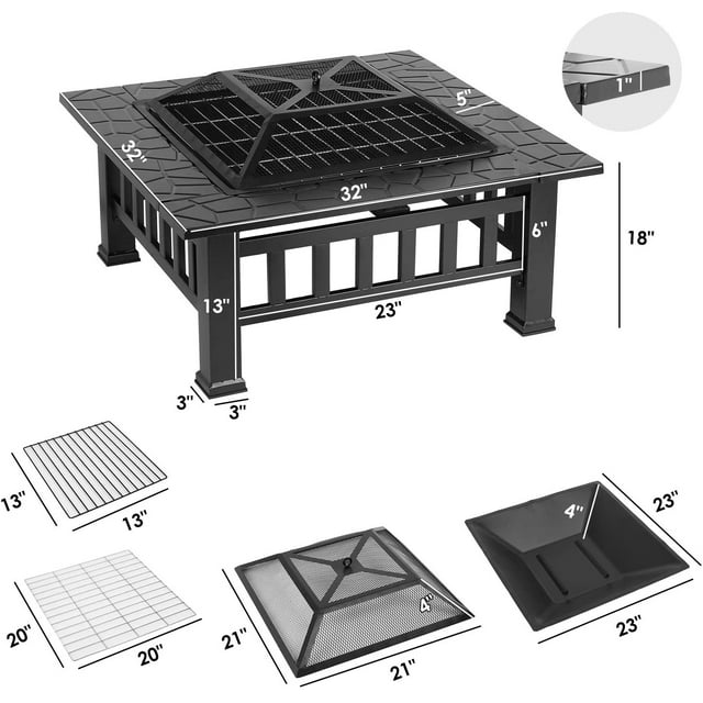 LAZY BUDDY Steel Fire Pits for Outside, 32'' Square Wood Burning Fire Pit Table, Outdoor Patio BBQ Firepit Bonfire Party