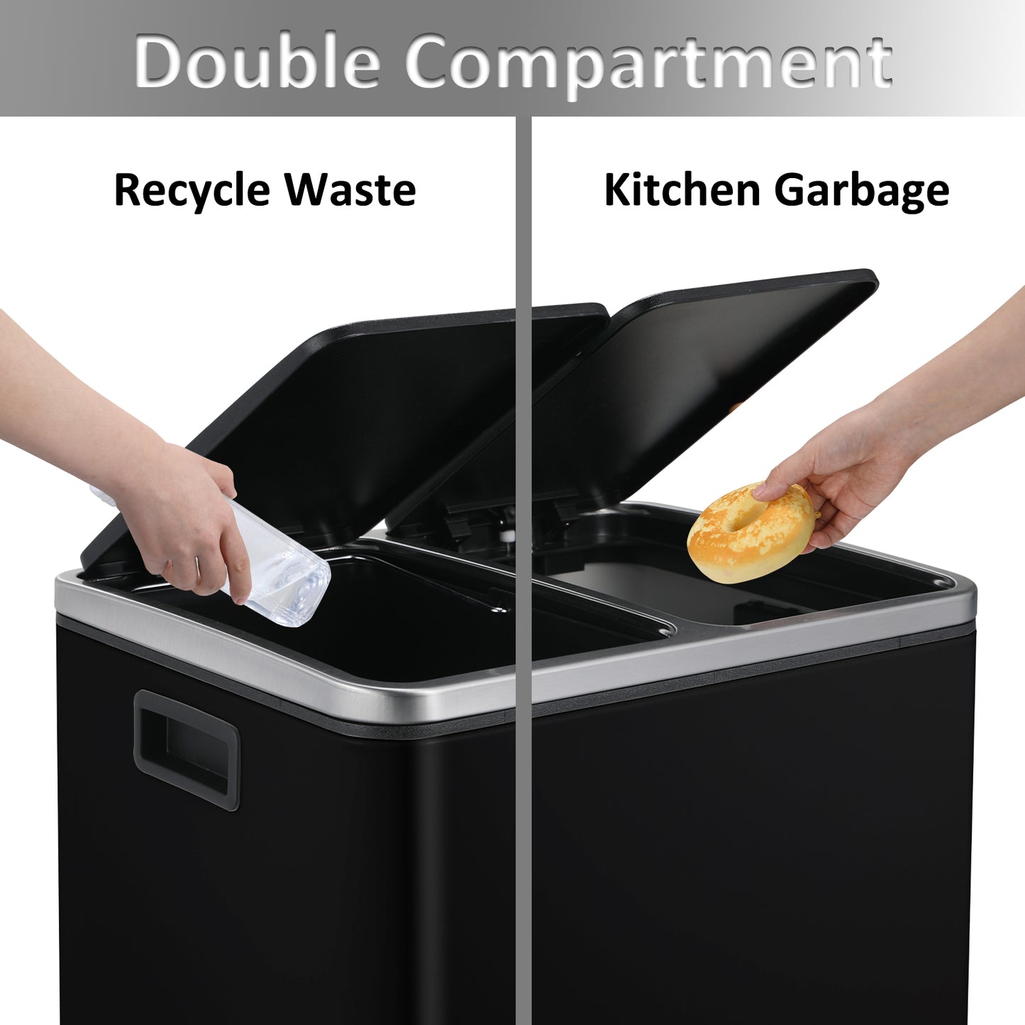 LAZY BUDDY Dual Step Trash Can Stainless Steel Kitchen Recycle Bin with Lid Black Pedal Bin for Kitchen, Living Room, Office