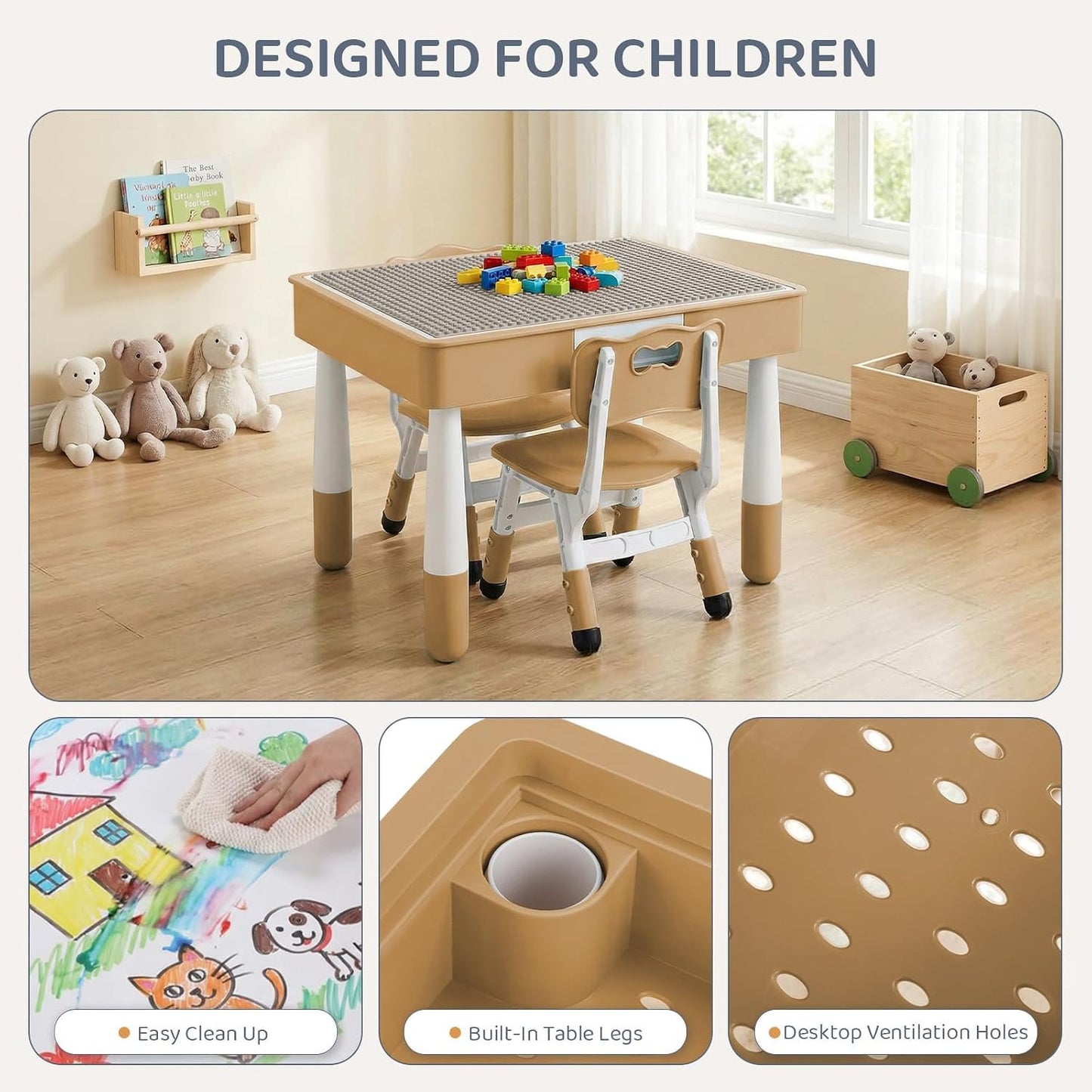 LAZY BUDDY Kids Table and Chairs Set with Storage, Height Adjustable Toddler Activity Table and 2 Chairs Set with 2 in 1 Graffiti/Block Building Desktop, for Playroom, Preschool, Classroom