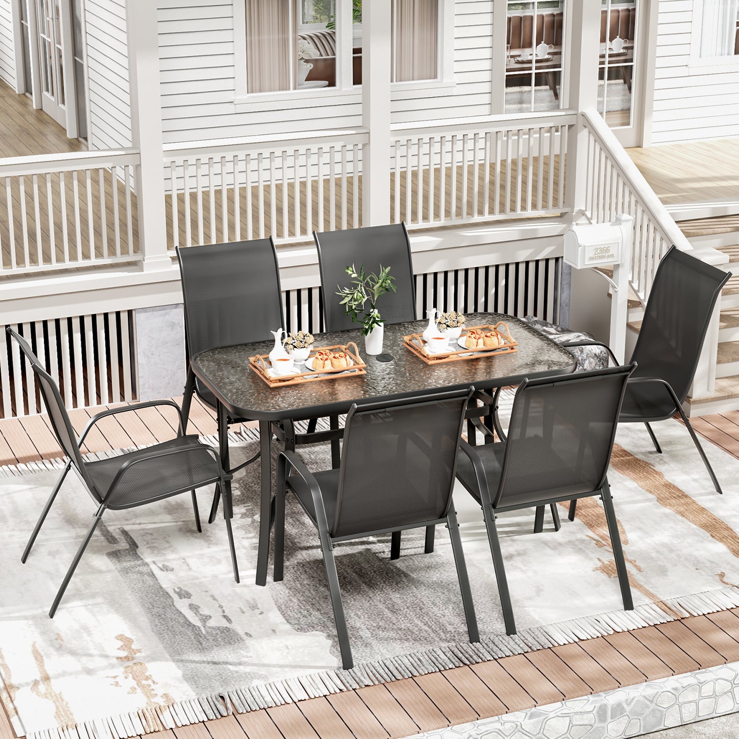 LAZY BUDDY Patio Dining Set of 7 with Umbrella Hole, Outdoor Furniture Table and 6 Textilene Chairs for Lawn, Backyard, Deck, 330LBS