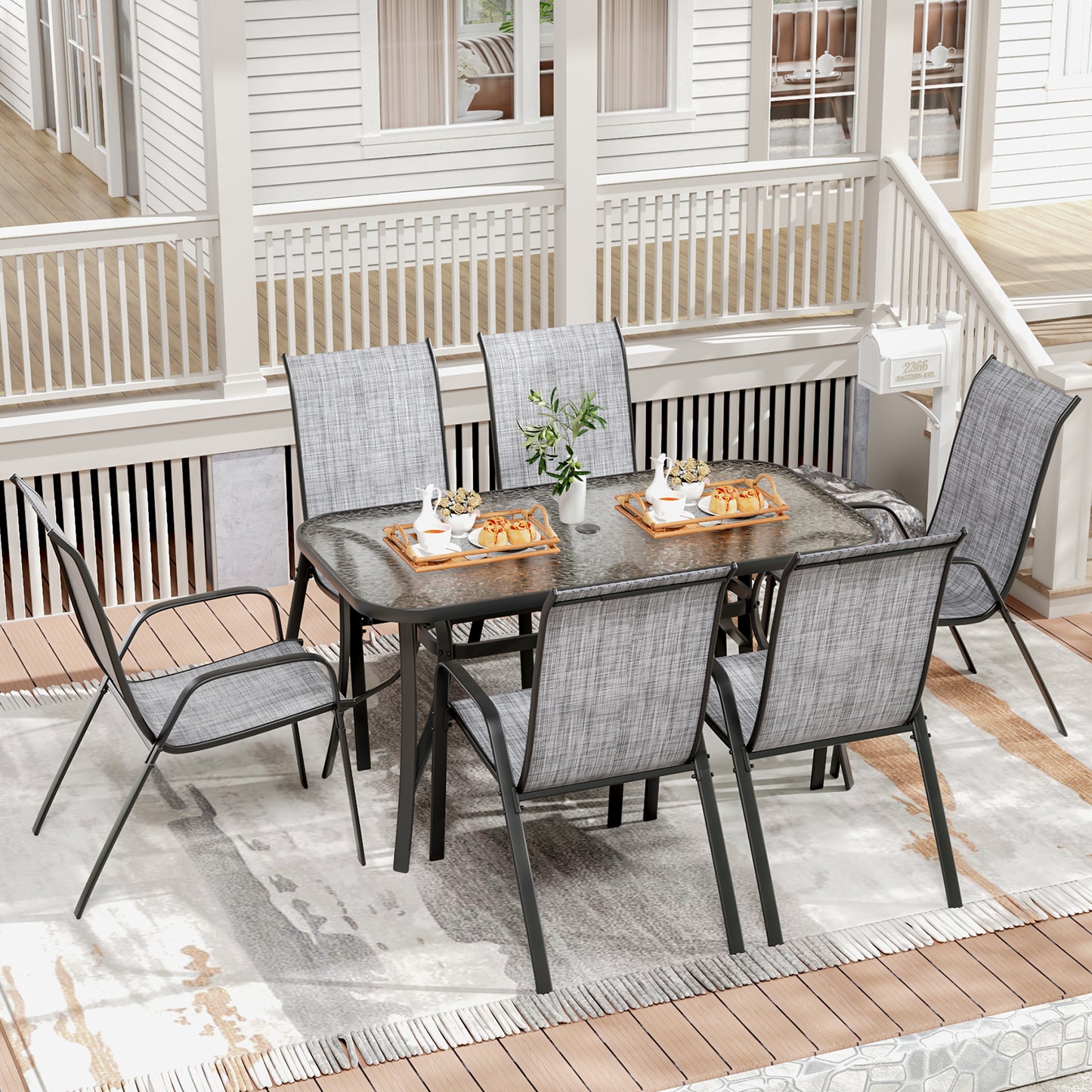LAZY BUDDY Patio Dining Set of 7 with Umbrella Hole, Outdoor Furniture Table and 6 Textilene Chairs for Lawn, Backyard, Deck, 330LBS