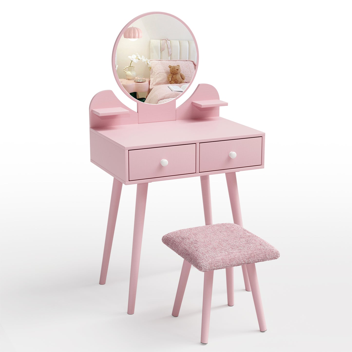 LAZY BUDDY Wooden Kids Vanity Set with Stool and Mirror, Girls Princess Makeup Desk Dressing Table with Drawers for Toddlers 3+