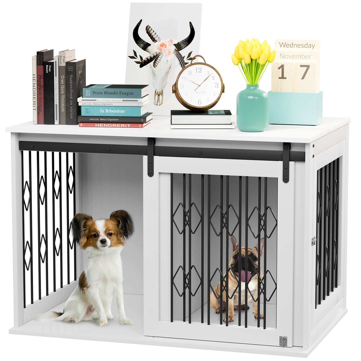 LAZY BUDDY 39.4" Dog Crate Furniture, Wooden Dog Kennel w/Sliding Door, Detachable Divider, and Flip-up Top