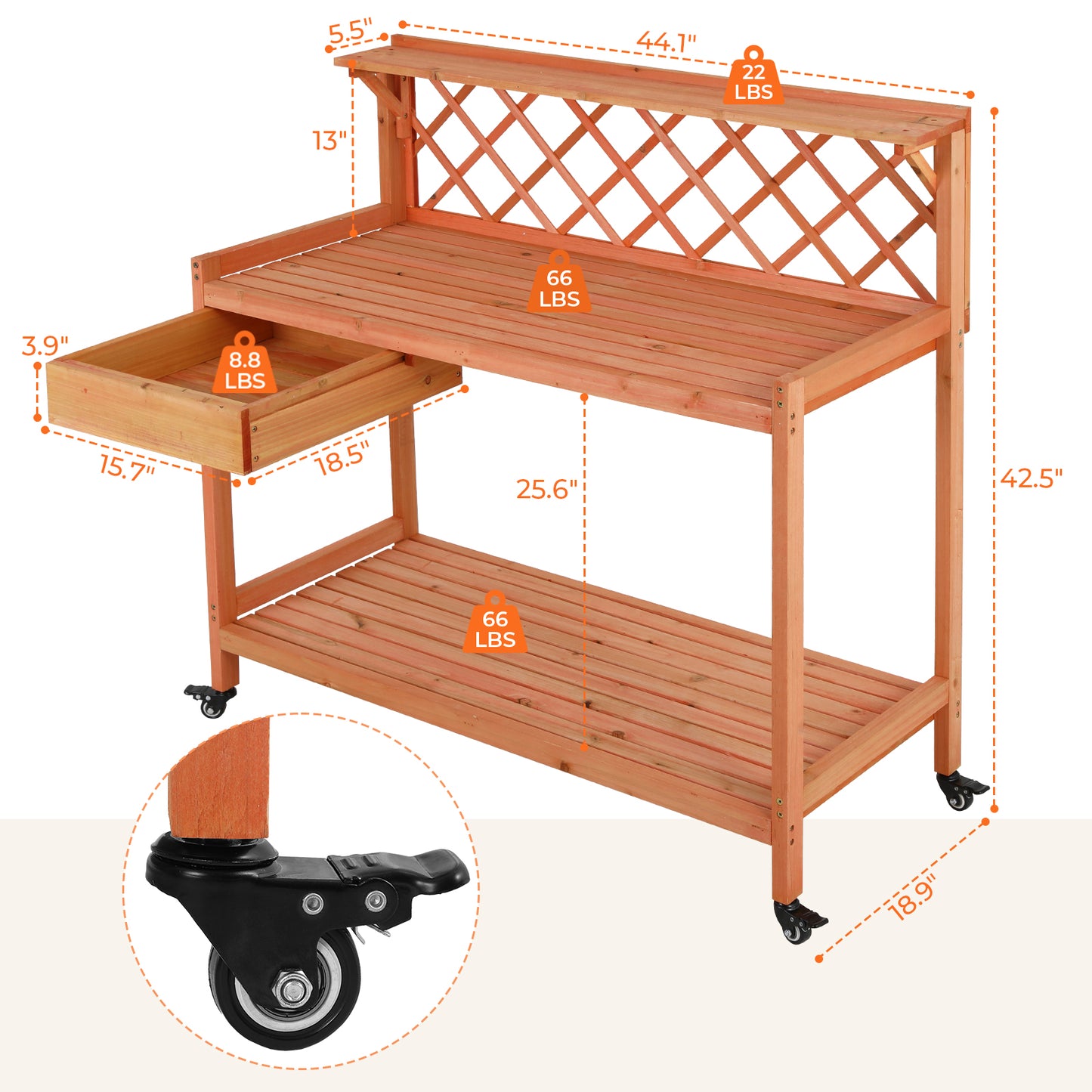 LAZY BUDDY Outdoor Potting Bench Wooden Workstation Gardening Table with 4 Wheels, Open Shelves, Cabinet Drawer