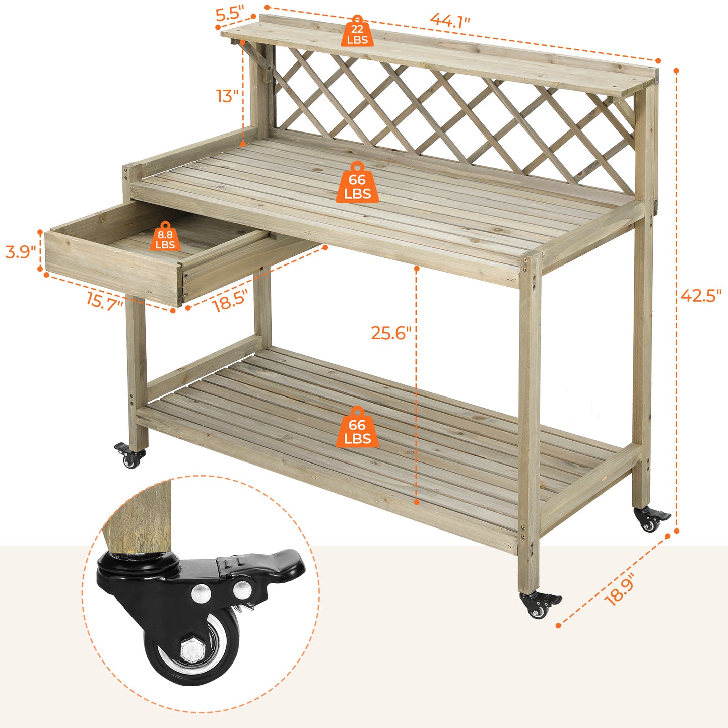 LAZY BUDDY Outdoor Potting Bench Wooden Workstation Gardening Table with 4 Wheels, Open Shelves, Cabinet Drawer