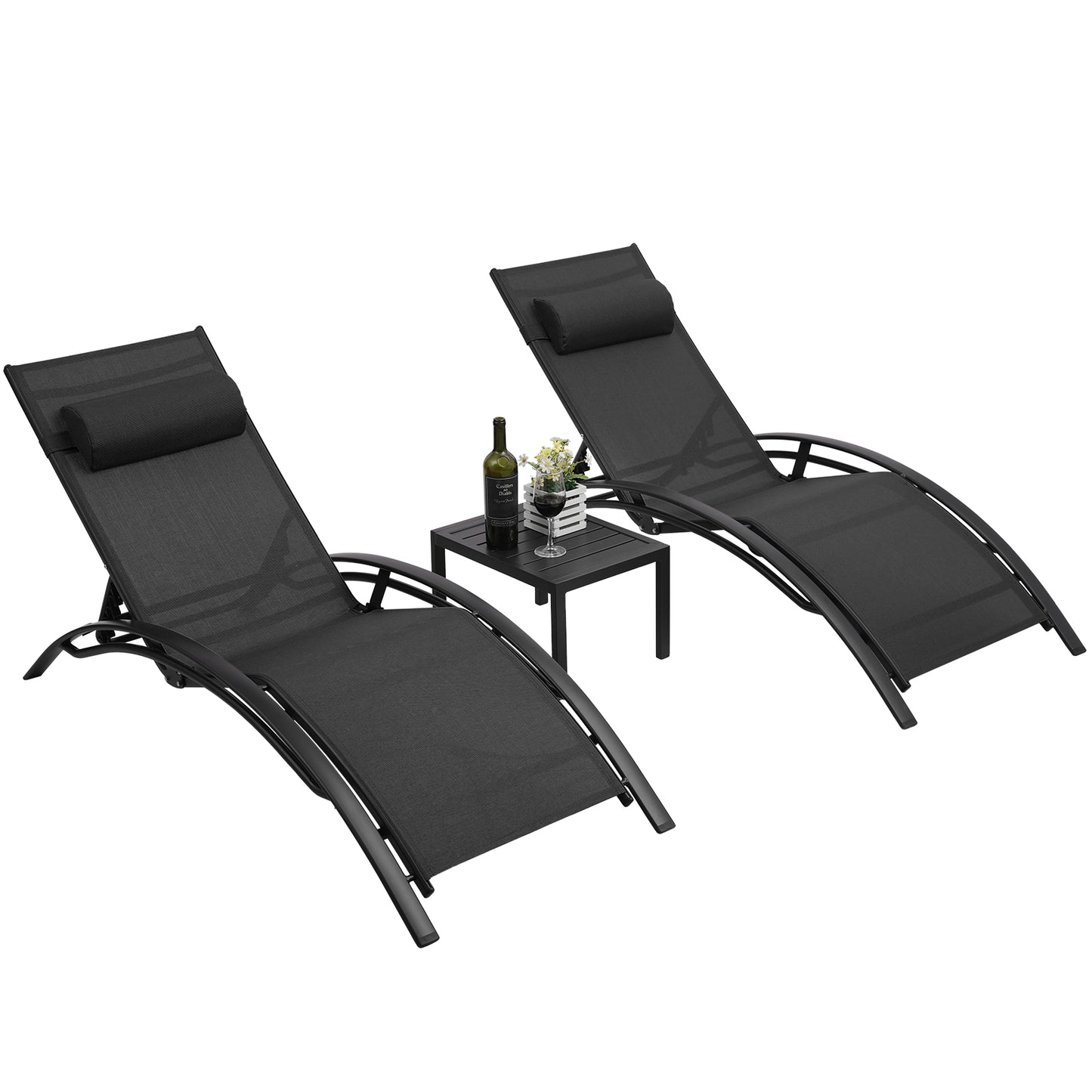 LAZY BUDDY 3pcs Aluminum Chaise Lounge Chairs Set, Outdoor Patio Adjustable Reclining Chair, 330lbs