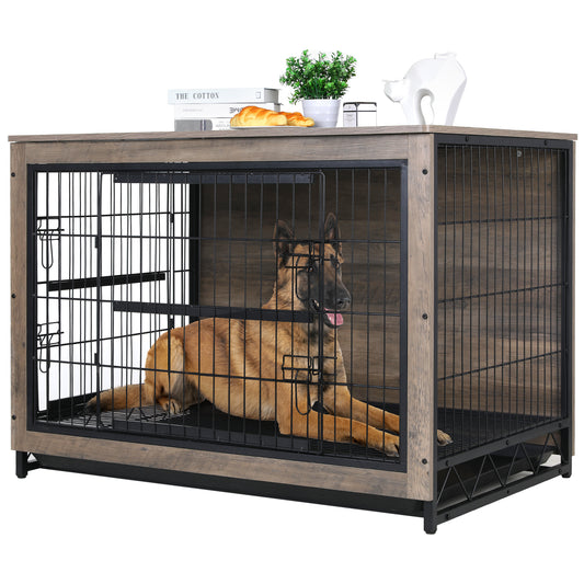 LAZY BUDDY Dog Crate Furniture, 44.1" Wooden Dog Kennel, Double Doors Modern Side End Table for Medium/Large/Small Dog, Griege