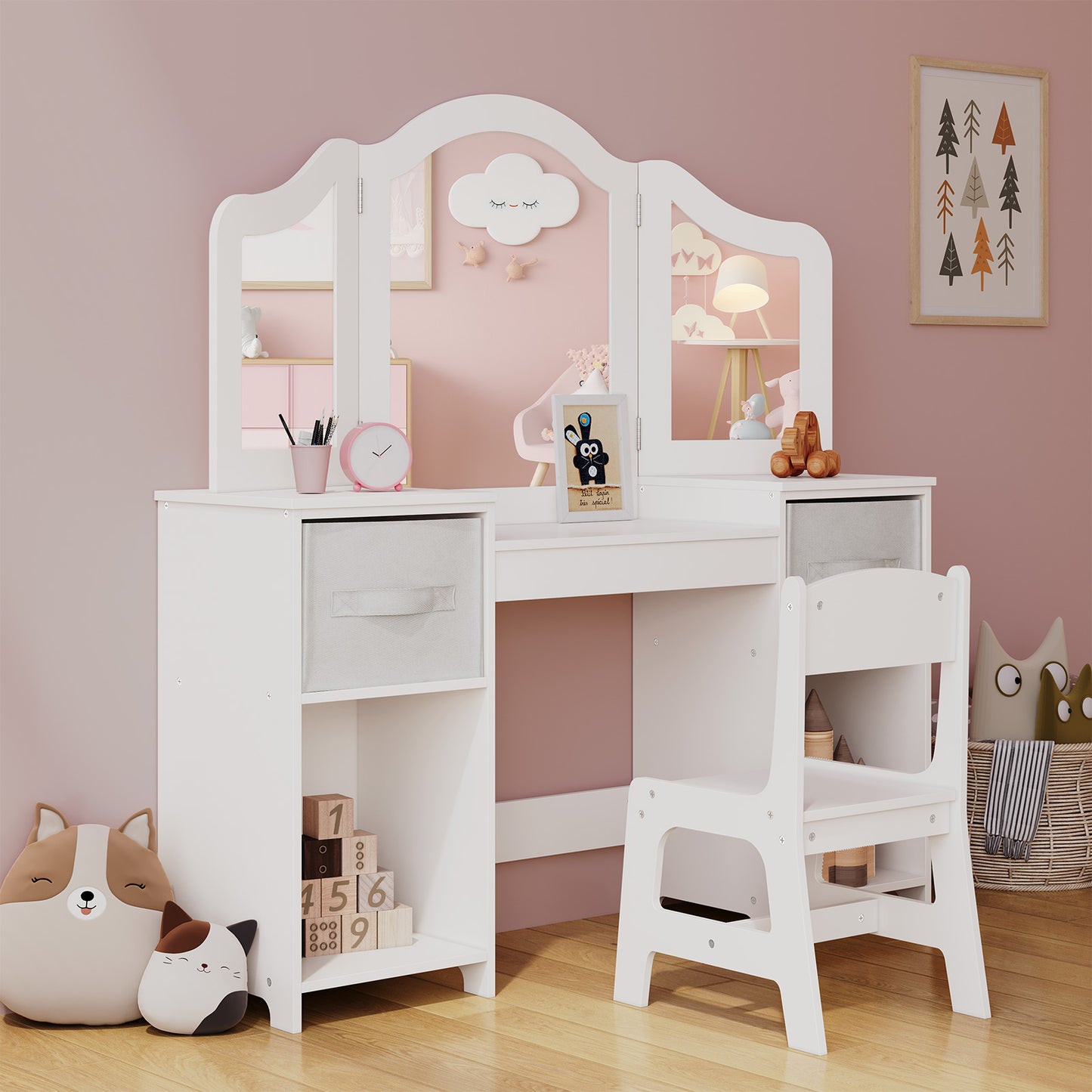 LAZY BUDDY Kids Vanity, 2 in 1 Princess Makeup Desk and Chair Set with Canvas Drawers Tri-Folding Detachable Mirror Large Storage Shelves, Wooden Dressing Table, Pretend Play Vanity Set