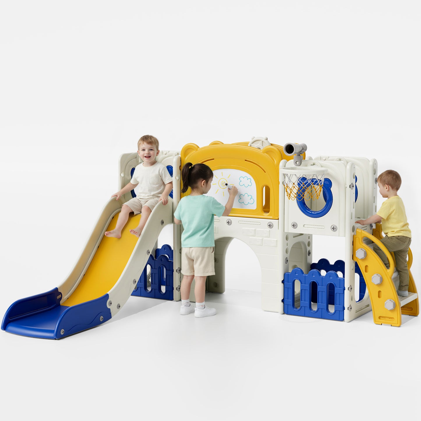 LAZY BUDDY 10 in 1 Toddler Slide, Freestanding Kids Slide and Climber Playset Indoor Outdoor Slide with Basketball Hoop, Telescope and Storage Space