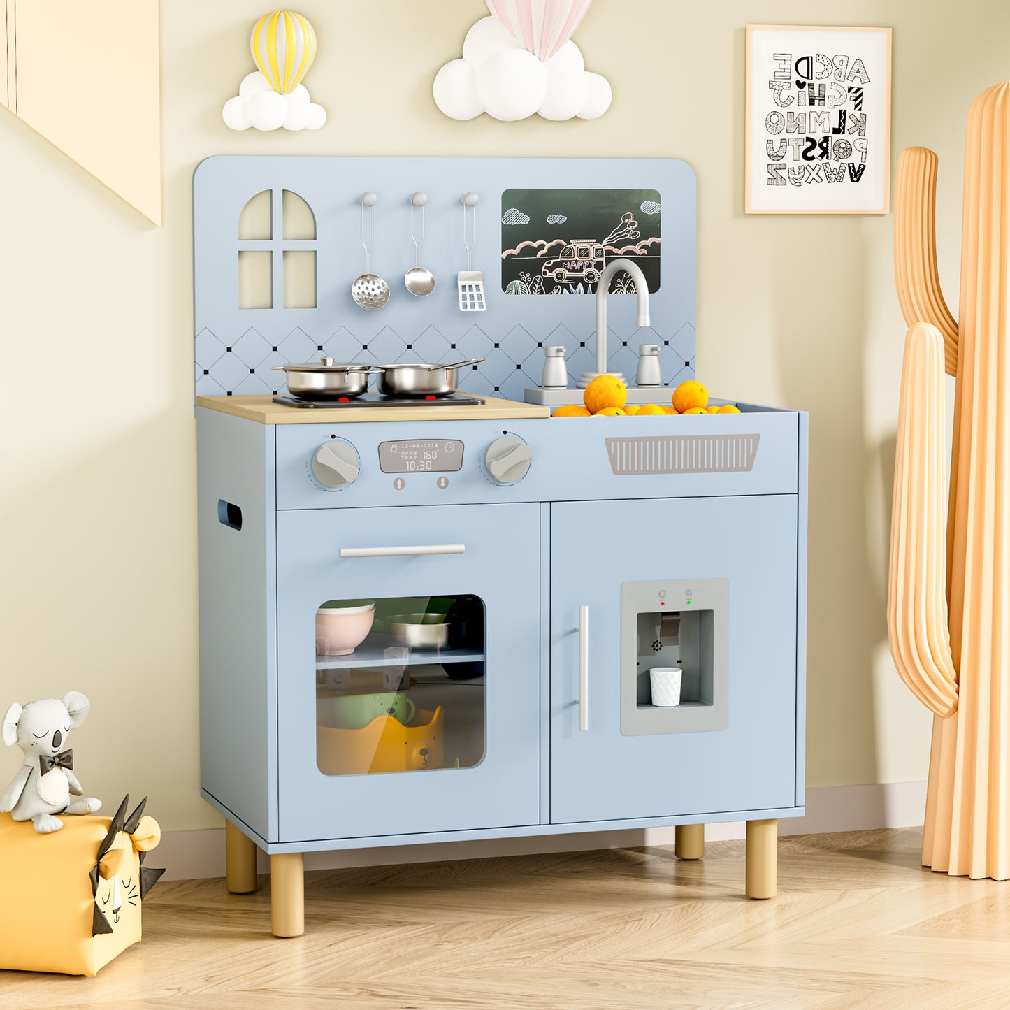LAZY BUDDY Pretend Play Wooden Kids Kitchen Set, Toddler Toy Kitchen Playset with Graffiti Blackboard, Oven, Sink & Clicking Knobs