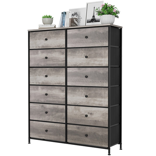 LAZY BUDDY Dresser for Bedroom, 12-drawer Fabric Dresser with Steel Frame & Wooden Top