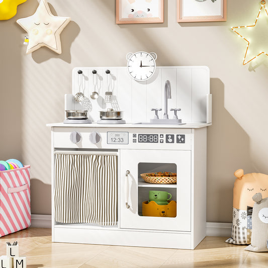 LAZY BUDDY Kids Play Kitchen, Wooden Kitchen Playset for Toddlers Interactive Pretend Play Toy with Clicking Knobs, Sink & Clock