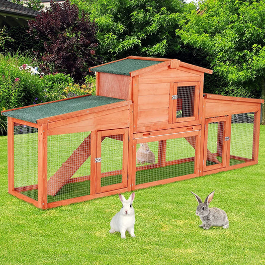 LAZY BUDDY 82.7'' Large Rabbit Hutch, Wooden Rabbit Cage Outdoor Backyard Bunny Cage with Ramps, Waterproof Roof