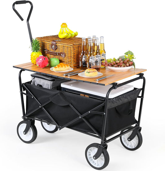 LAZY BUDDY Collapsible Folding Wagon, Utility Garden Cart with Metal Desktop, 150 LBS for Camping, Beach, Garden, Grocery