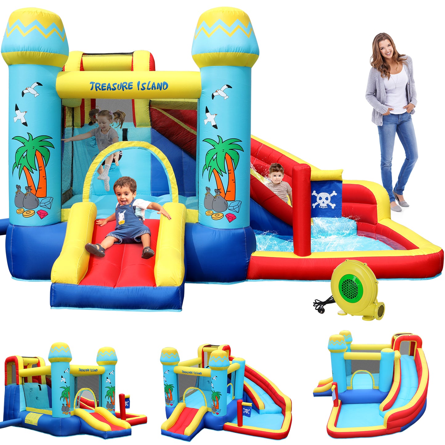 LAZY BUDDY Inflatable Bounce House with Blower, Outdoor Yard Water Slide Bounce House with Splash Pool & Jumping Area for Kids 3-12 Years