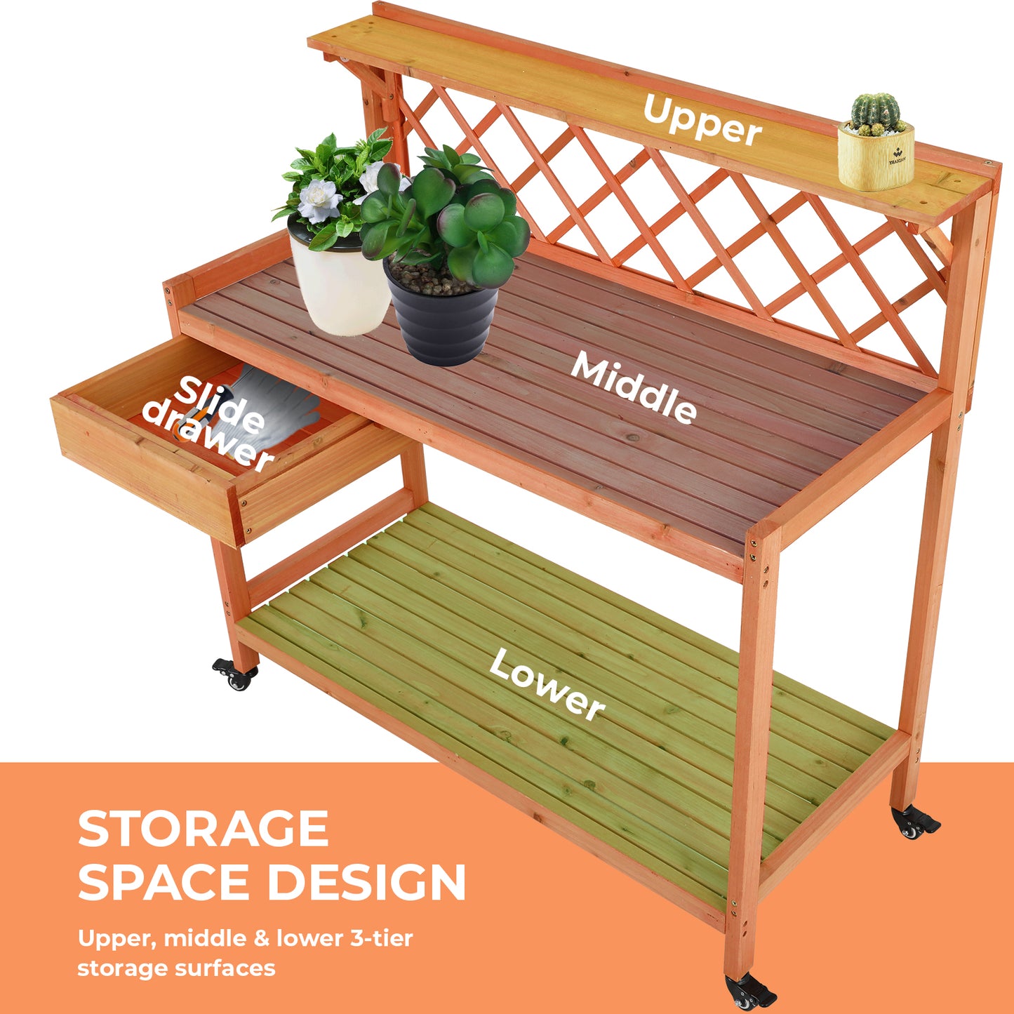 LAZY BUDDY Outdoor Potting Bench Wooden Workstation Gardening Table with 4 Wheels, Open Shelves, Cabinet Drawer