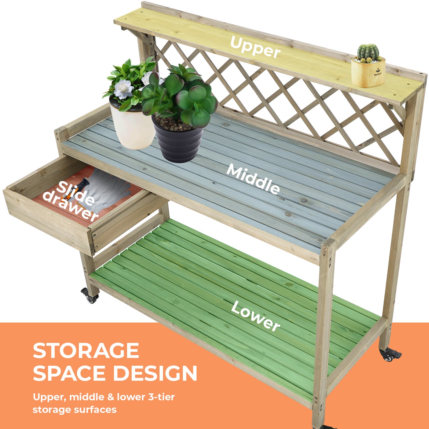 LAZY BUDDY Outdoor Potting Bench Wooden Workstation Gardening Table with 4 Wheels, Open Shelves, Cabinet Drawer