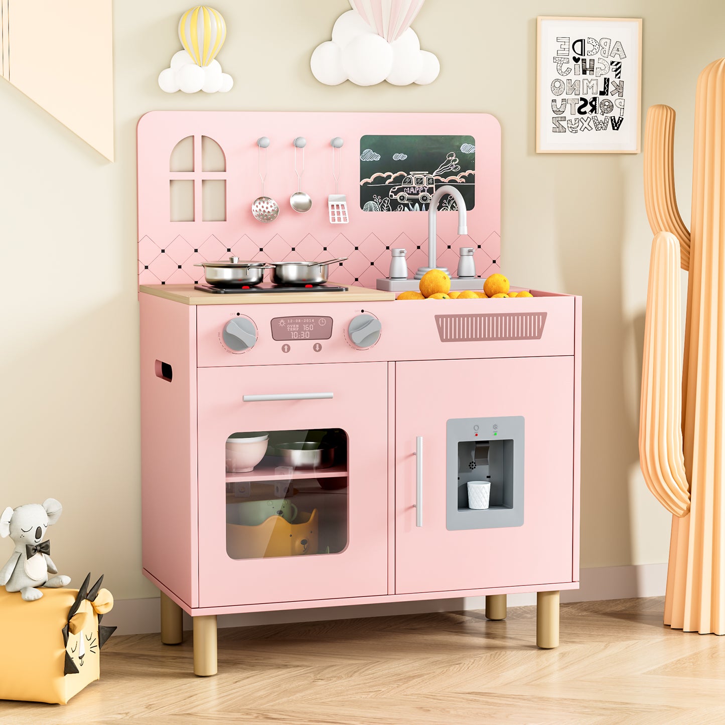 LAZY BUDDY Pretend Play Wooden Kids Kitchen Set, Toddler Toy Kitchen Playset with Graffiti Blackboard, Oven, Sink & Clicking Knobs