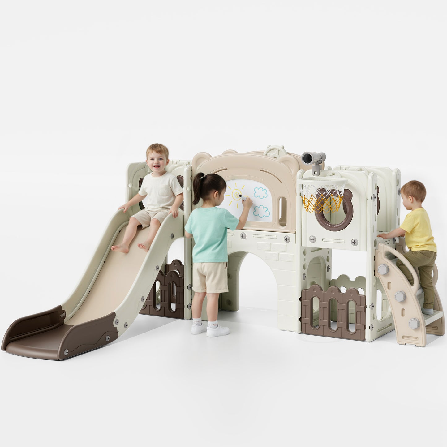 LAZY BUDDY 10 in 1 Toddler Slide, Freestanding Kids Slide and Climber Playset Indoor Outdoor Slide with Basketball Hoop, Telescope and Storage Space