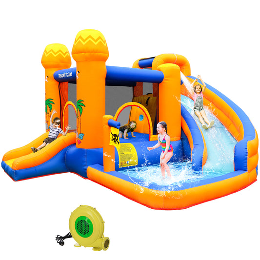 LAZY BUDDY Inflatable Bounce House with Blower, Outdoor Yard Water Slide Bounce House with Splash Pool & Jumping Area for Kids 3-12 Years