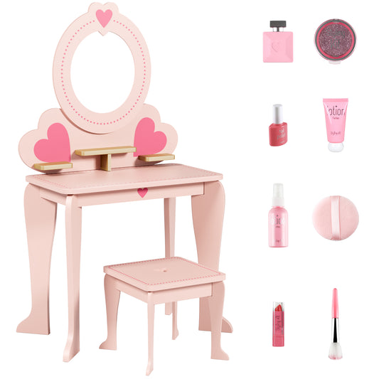 LAZY BUDDY Kids Vanity Set, Wooden Vanity Table and Chair with Mirror, Including 8pcs Pretend Play Makeup Accessories, Princess Dressing Makeup Table for Girls 3+