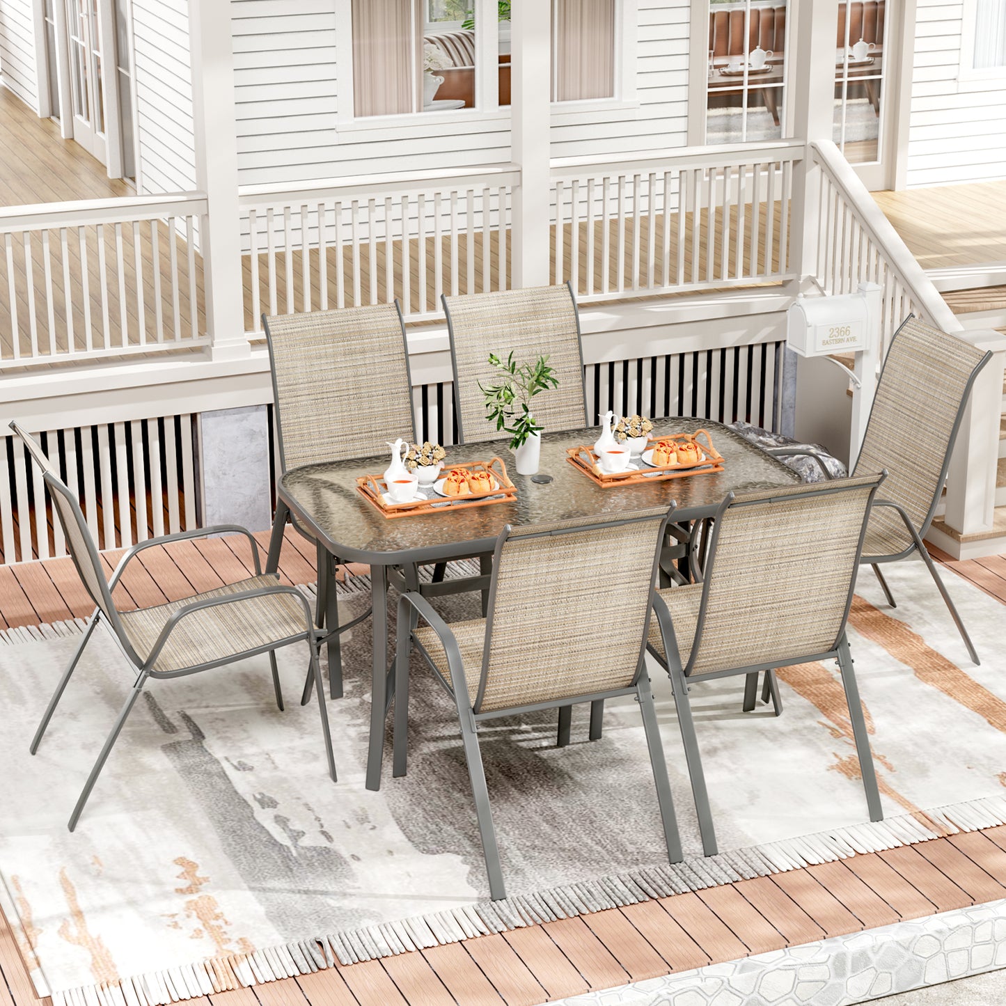 LAZY BUDDY Patio Dining Set of 7 with Umbrella Hole, Outdoor Furniture Table and 6 Textilene Chairs for Lawn, Backyard, Deck, 330LBS