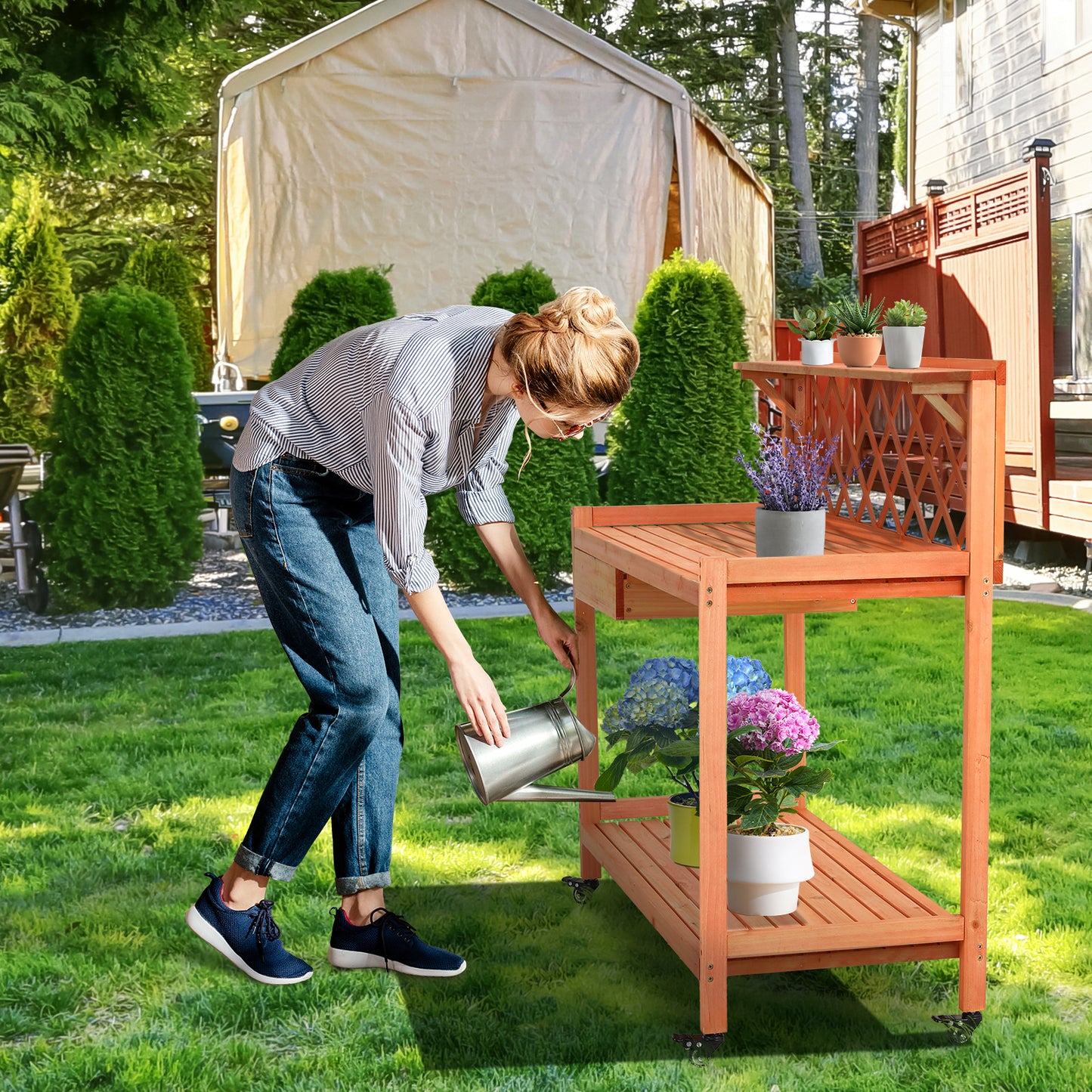 LAZY BUDDY Outdoor Potting Bench Wooden Workstation Gardening Table with 4 Wheels, Open Shelves, Cabinet Drawer