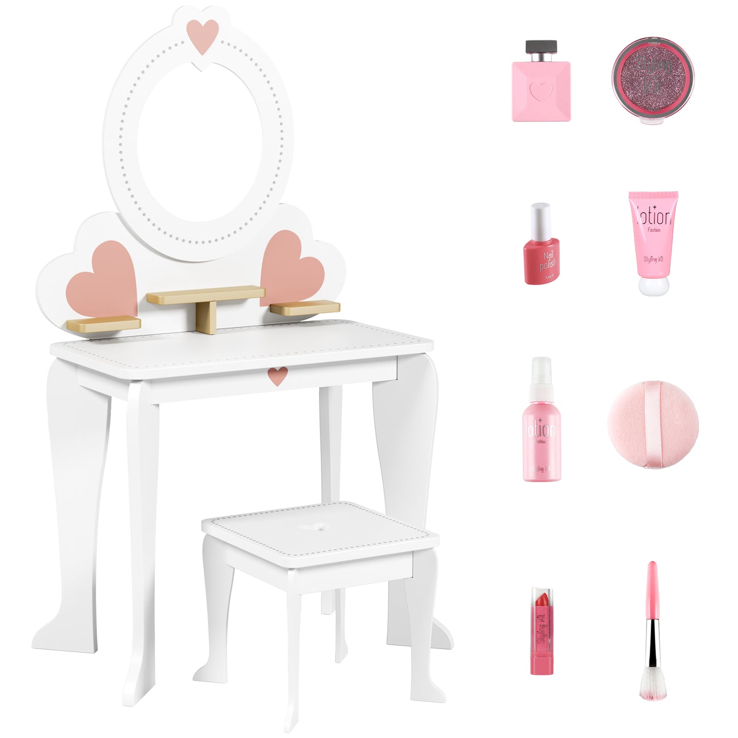 LAZY BUDDY Kids Vanity Set, Wooden Vanity Table and Chair with Mirror, Including 8pcs Pretend Play Makeup Accessories, Princess Dressing Makeup Table for Girls 3+