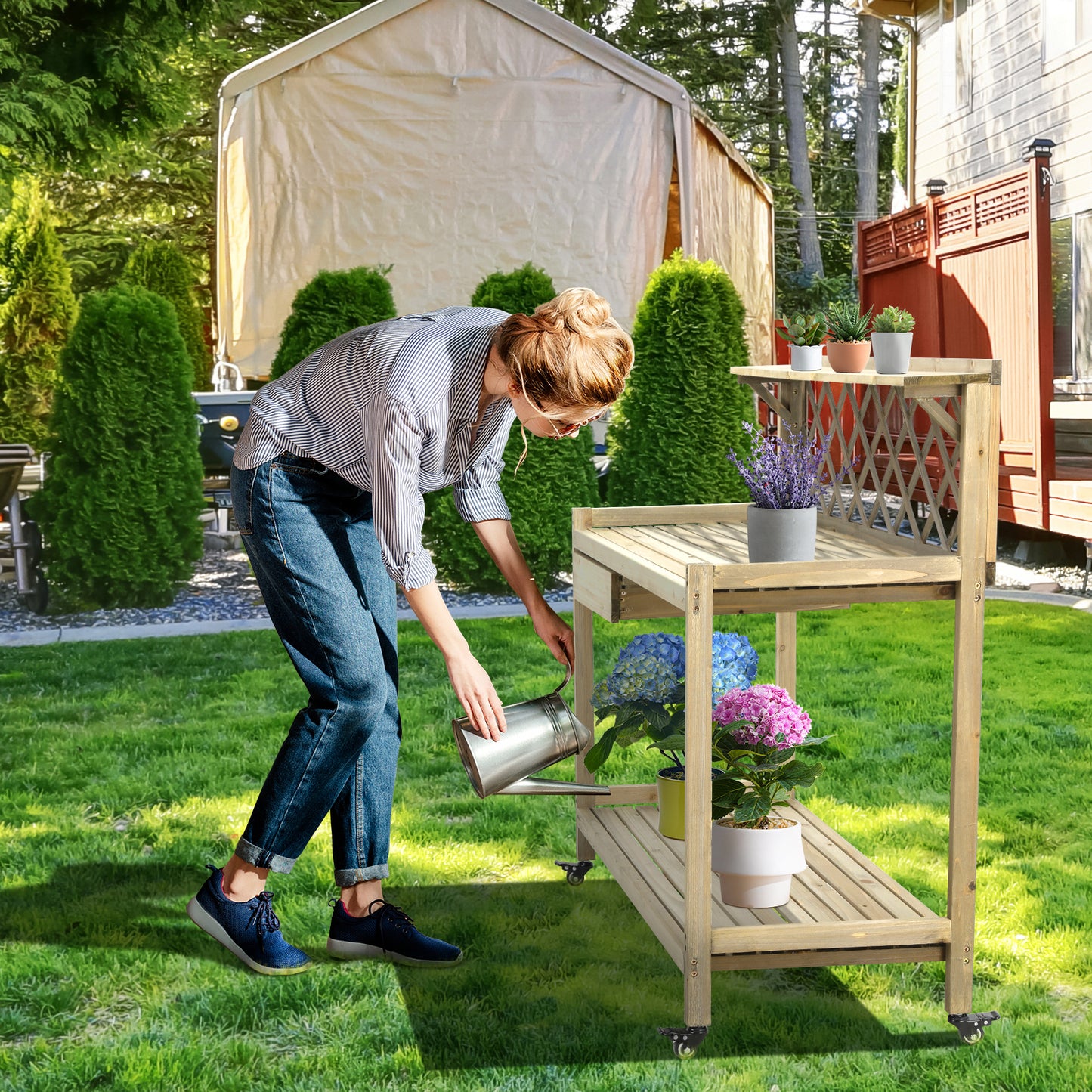 LAZY BUDDY Outdoor Potting Bench Wooden Workstation Gardening Table with 4 Wheels, Open Shelves, Cabinet Drawer